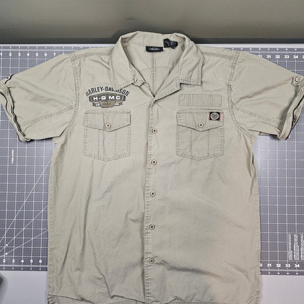 Harley Davidson Work Shirt XL Beige Patches Army Motorclothes Biker Mechanic S/S